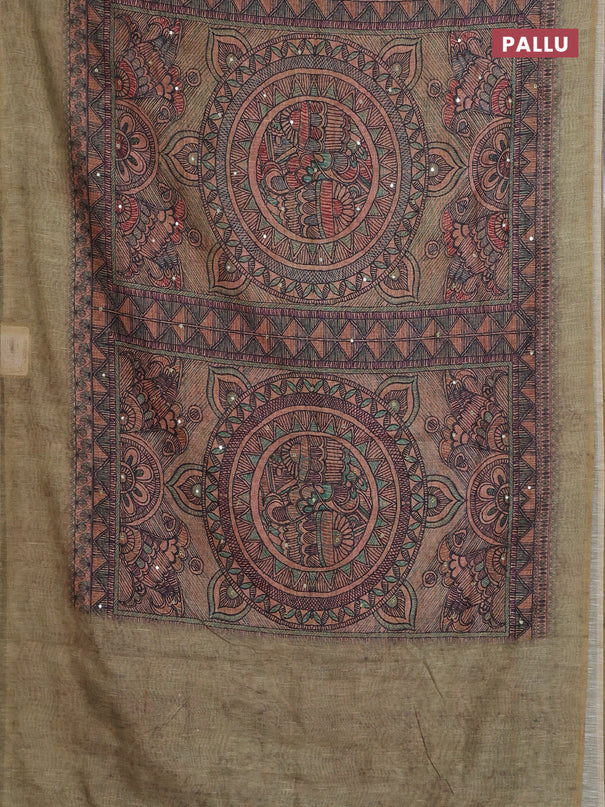 Semi linen saree green shade with allover madhubani prints & mirror work