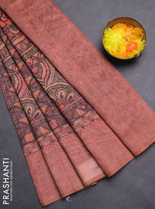 Semi linen saree peach shade with allover madhubani prints & mirror work