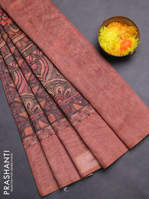 Semi linen saree peach shade with allover madhubani prints & mirror work