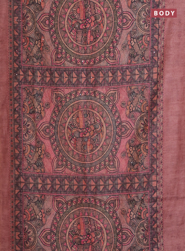 Semi linen saree peach shade with allover madhubani prints & mirror work