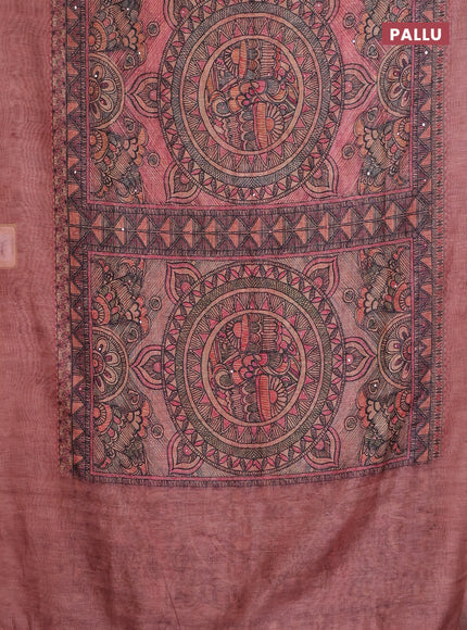 Semi linen saree peach shade with allover madhubani prints & mirror work