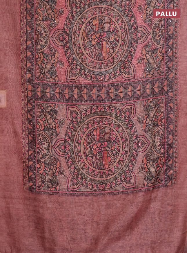 Semi linen saree peach shade with allover madhubani prints & mirror work