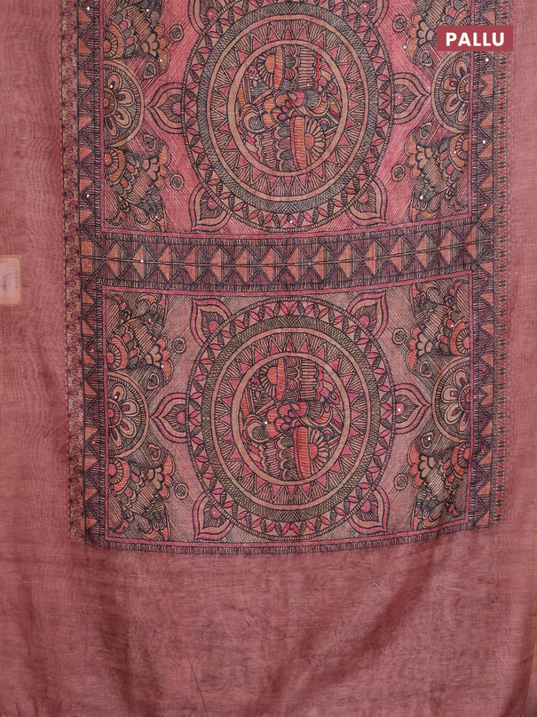 Semi linen saree peach shade with allover madhubani prints & mirror work