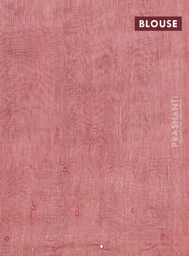 Semi linen saree peach shade with allover madhubani prints & mirror work