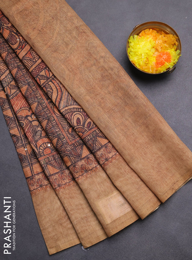 Semi linen saree sandal with allover madhubani prints & mirror work