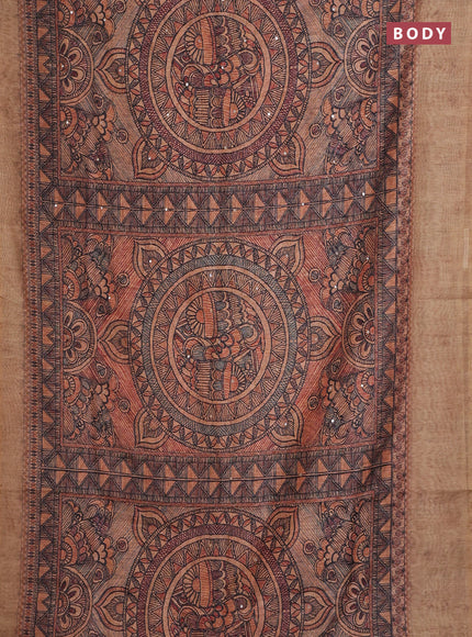 Semi linen saree sandal with allover madhubani prints & mirror work