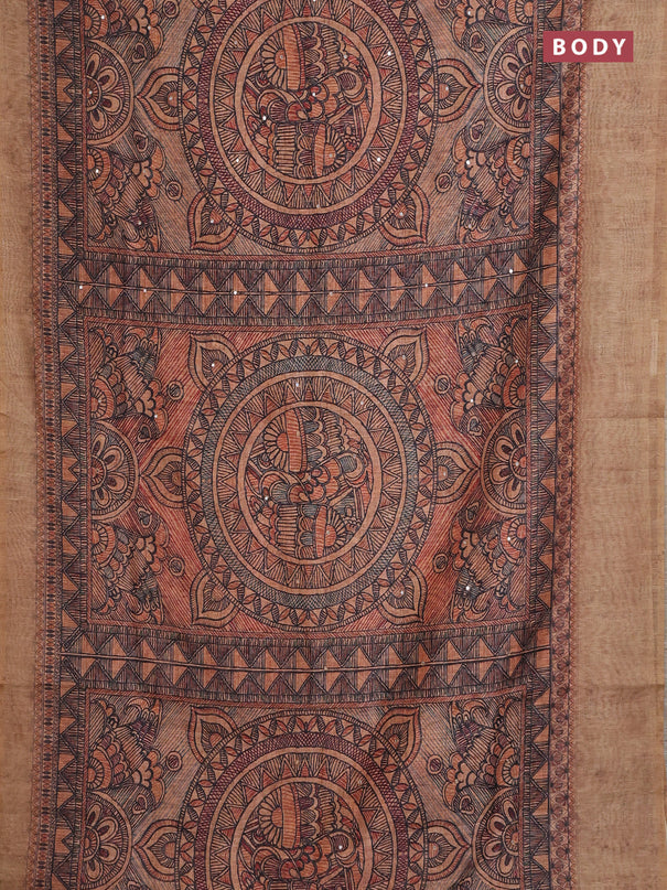 Semi linen saree sandal with allover madhubani prints & mirror work