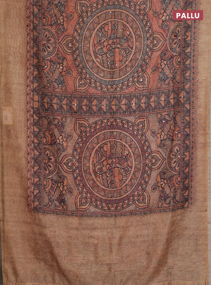 Semi linen saree sandal with allover madhubani prints & mirror work