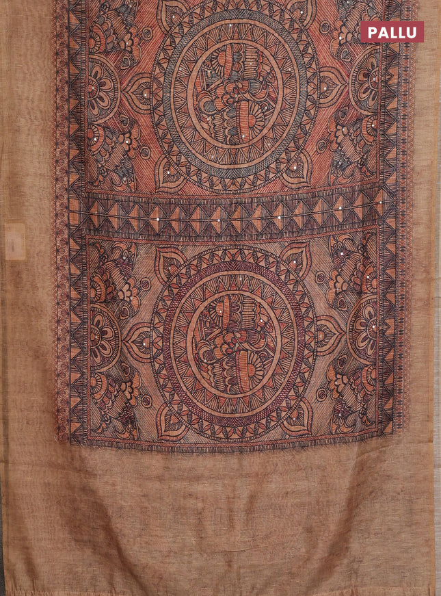 Semi linen saree sandal with allover madhubani prints & mirror work