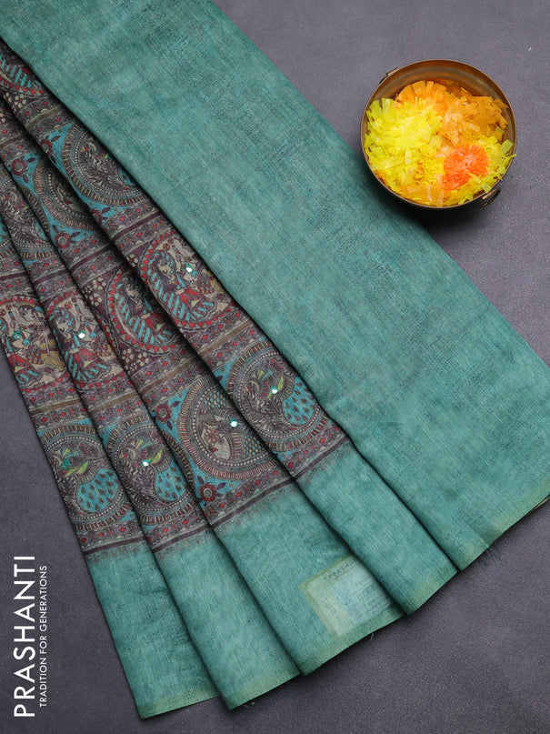 Semi linen saree teal green with allover madhubani prints & mirror work