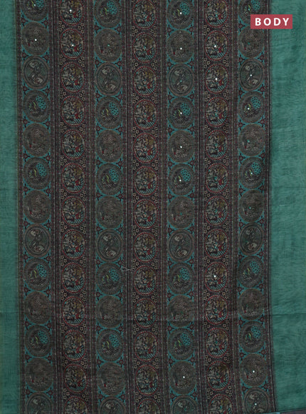 Semi linen saree teal green with allover madhubani prints & mirror work