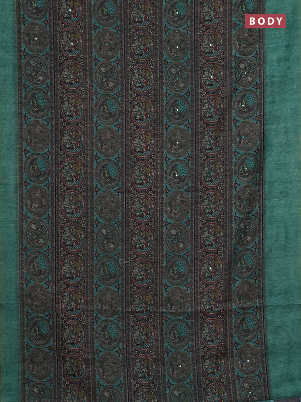 Semi linen saree teal green with allover madhubani prints & mirror work