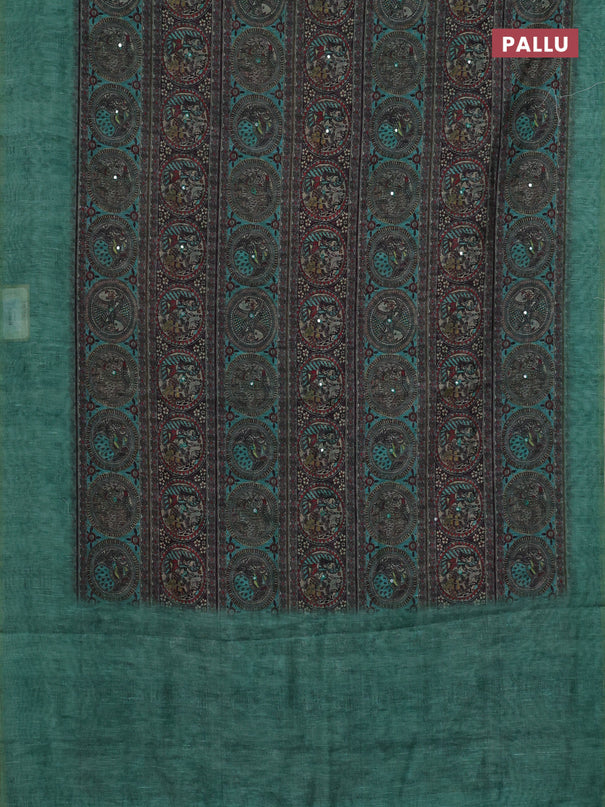 Semi linen saree teal green with allover madhubani prints & mirror work
