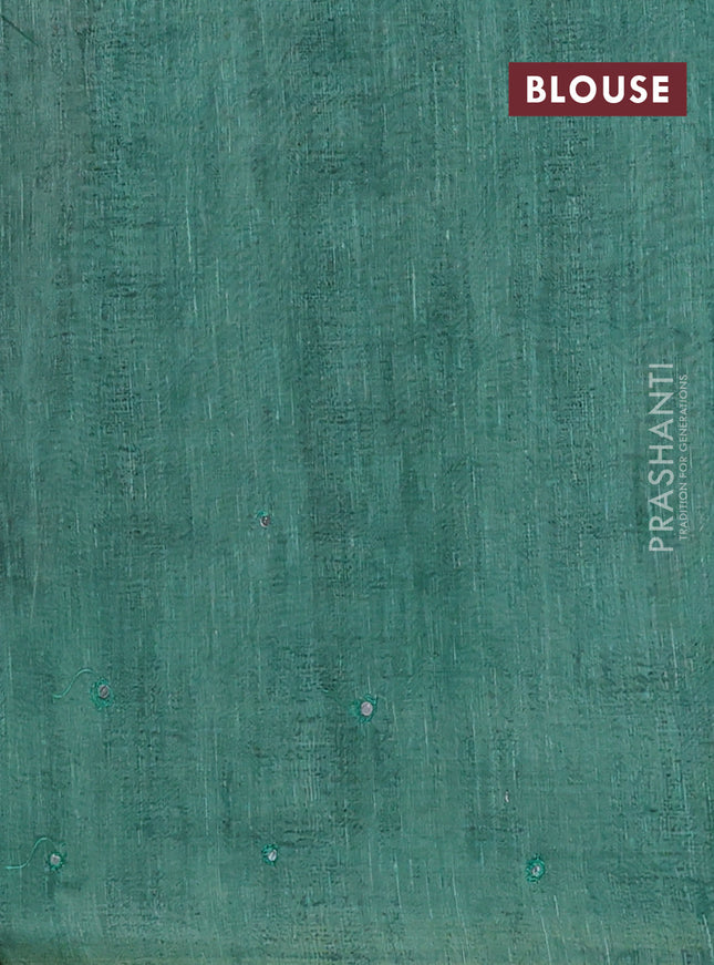 Semi linen saree teal green with allover madhubani prints & mirror work