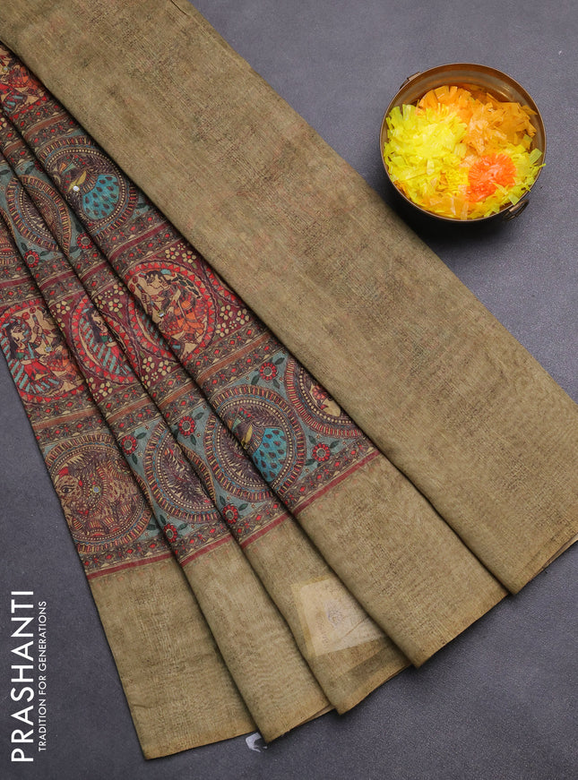 Semi linen saree pastel green with allover madhubani prints & mirror work