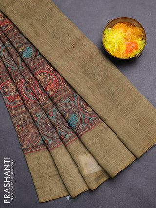 Semi linen saree pastel green with allover madhubani prints & mirror work