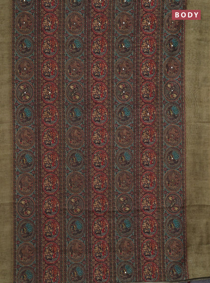 Semi linen saree pastel green with allover madhubani prints & mirror work