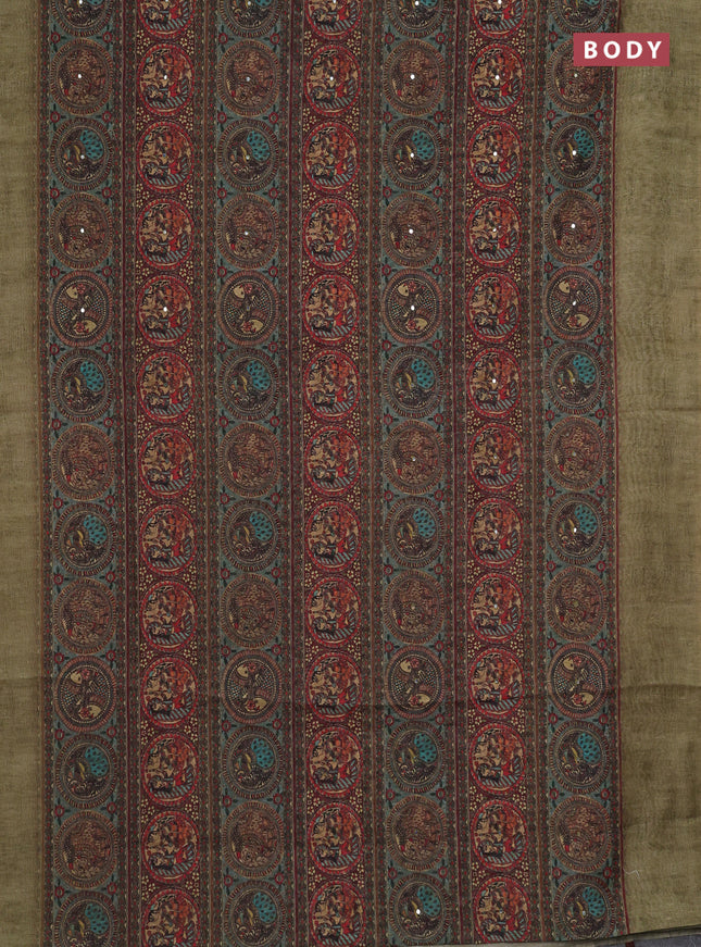 Semi linen saree pastel green with allover madhubani prints & mirror work