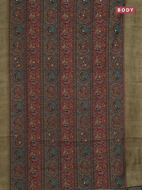 Semi linen saree pastel green with allover madhubani prints & mirror work