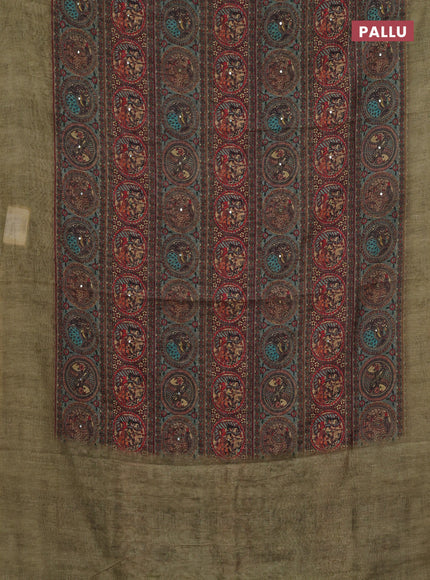 Semi linen saree pastel green with allover madhubani prints & mirror work