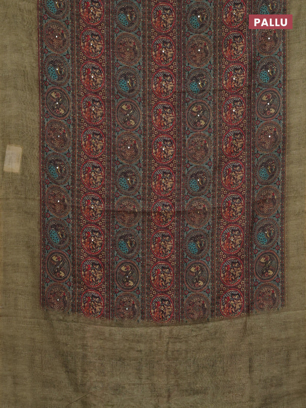 Semi linen saree pastel green with allover madhubani prints & mirror work