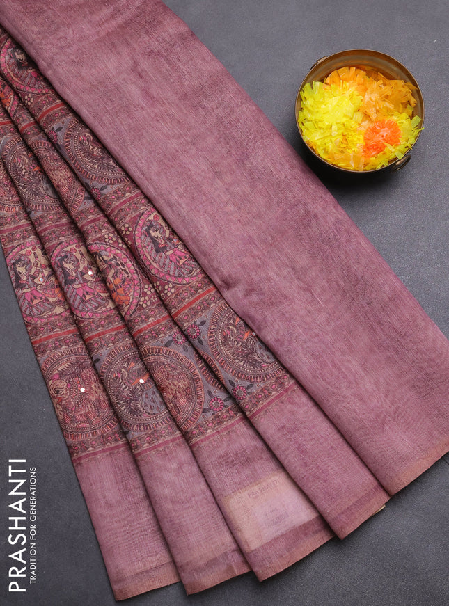 Semi linen saree mauve pink with allover madhubani prints & mirror work
