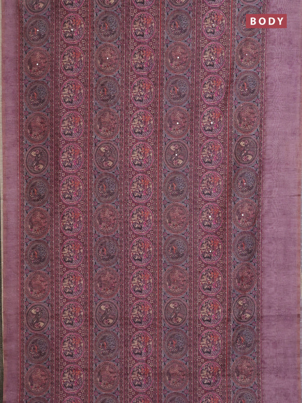 Semi linen saree mauve pink with allover madhubani prints & mirror work