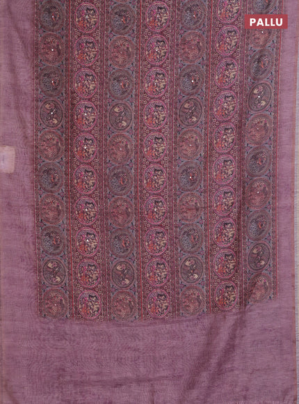 Semi linen saree mauve pink with allover madhubani prints & mirror work