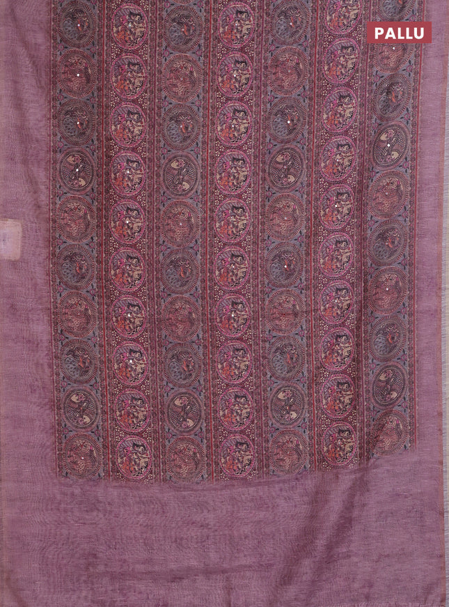 Semi linen saree mauve pink with allover madhubani prints & mirror work