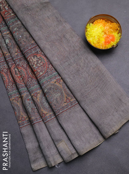 Semi linen saree grey with allover madhubani prints & mirror work