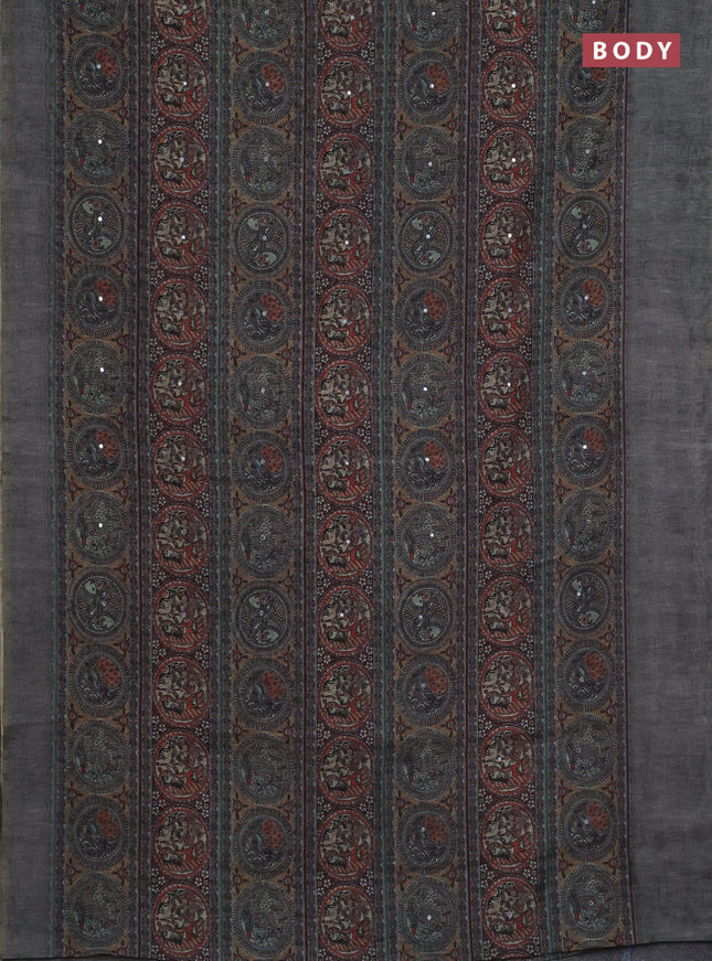 Semi linen saree grey with allover madhubani prints & mirror work