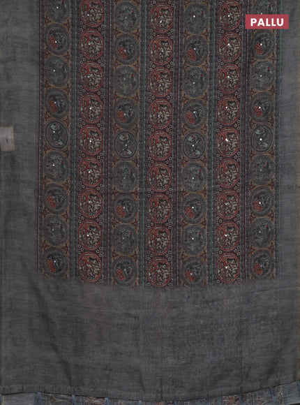 Semi linen saree grey with allover madhubani prints & mirror work