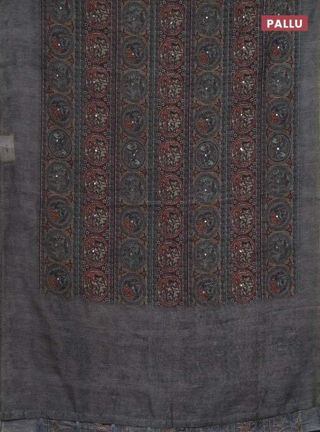 Semi linen saree grey with allover madhubani prints & mirror work