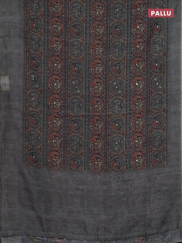 Semi linen saree grey with allover madhubani prints & mirror work