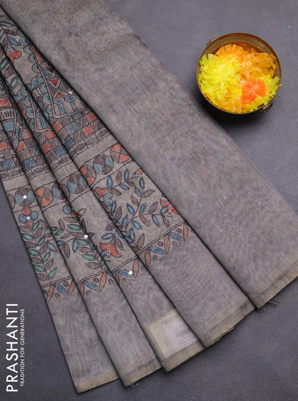 Semi linen saree grey with allover madhubani prints & mirror work