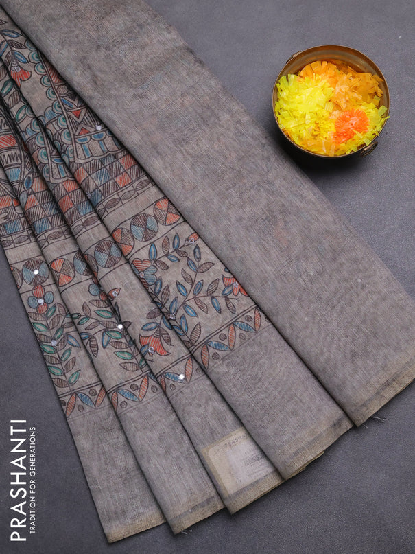 Semi linen saree grey with allover madhubani prints & mirror work