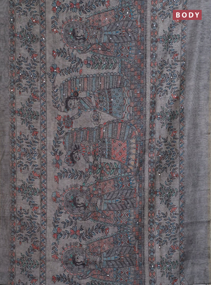Semi linen saree grey with allover madhubani prints & mirror work