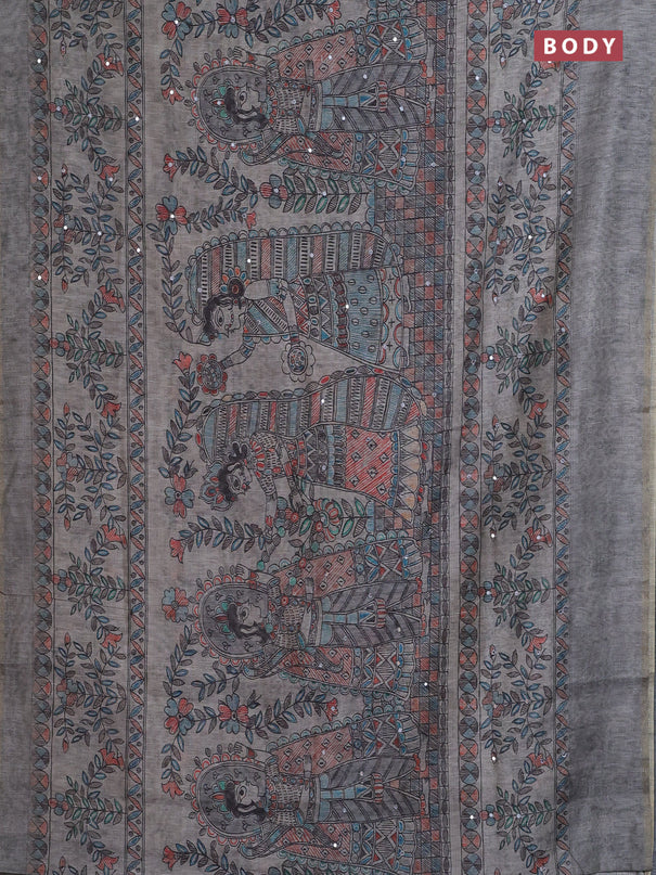 Semi linen saree grey with allover madhubani prints & mirror work