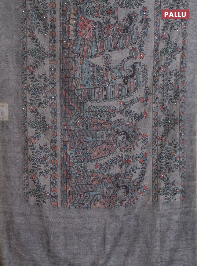 Semi linen saree grey with allover madhubani prints & mirror work