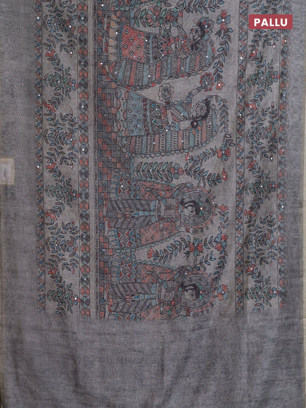 Semi linen saree grey with allover madhubani prints & mirror work