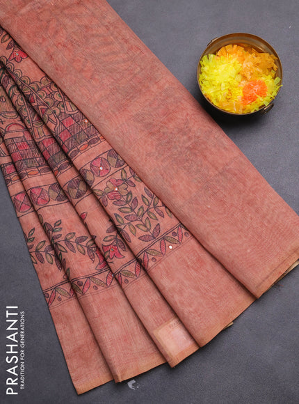 Semi linen saree peach shade with allover madhubani prints & mirror work
