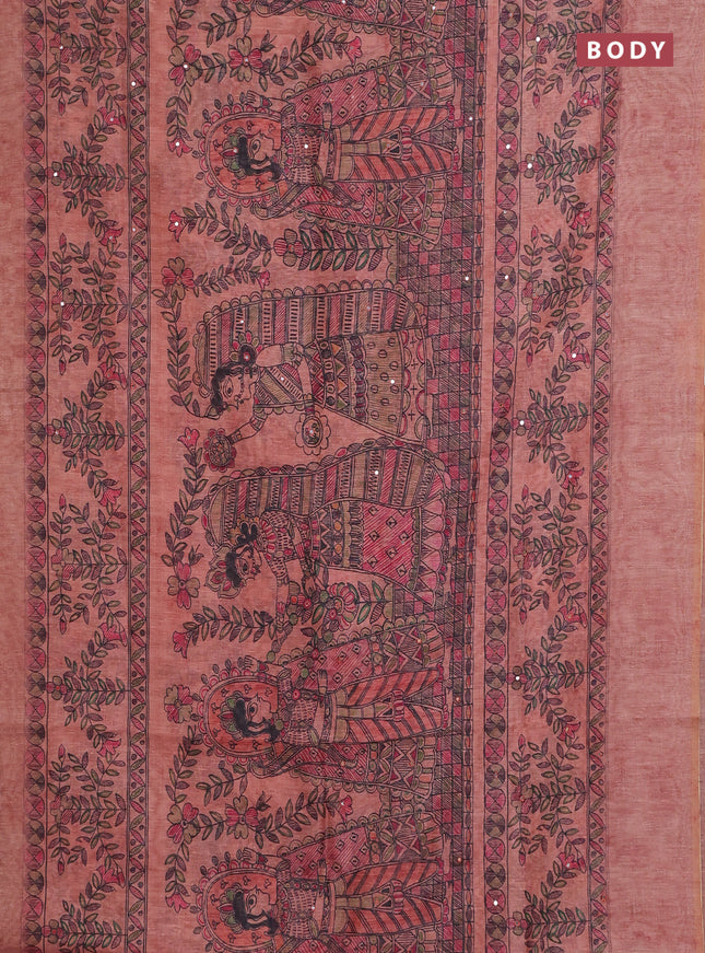 Semi linen saree peach shade with allover madhubani prints & mirror work