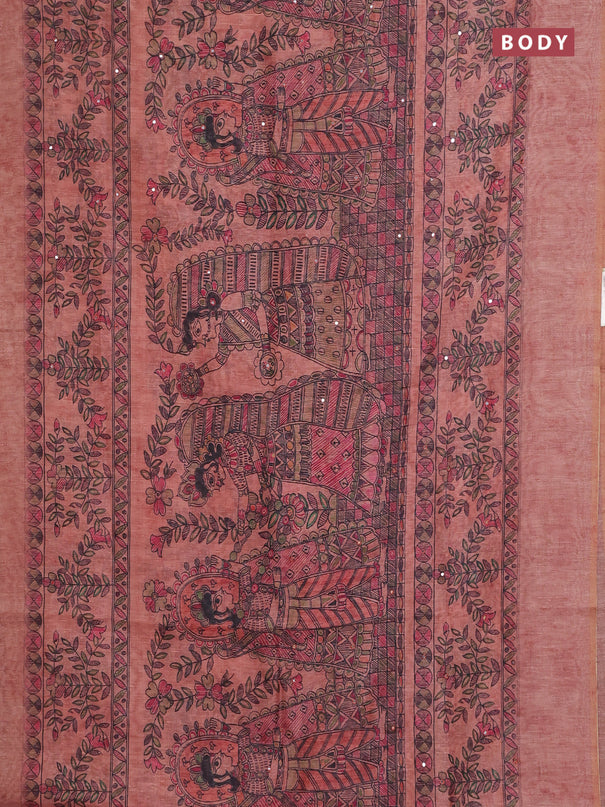 Semi linen saree peach shade with allover madhubani prints & mirror work