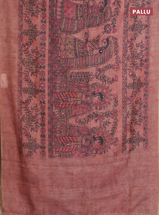 Semi linen saree peach shade with allover madhubani prints & mirror work
