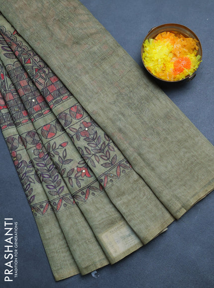 Semi linen saree pastel green with allover madhubani prints & mirror work