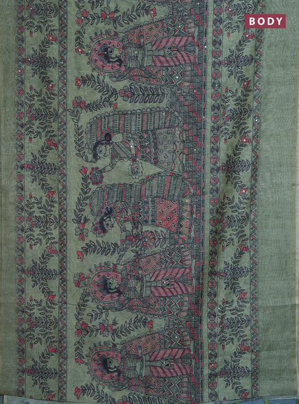 Semi linen saree pastel green with allover madhubani prints & mirror work