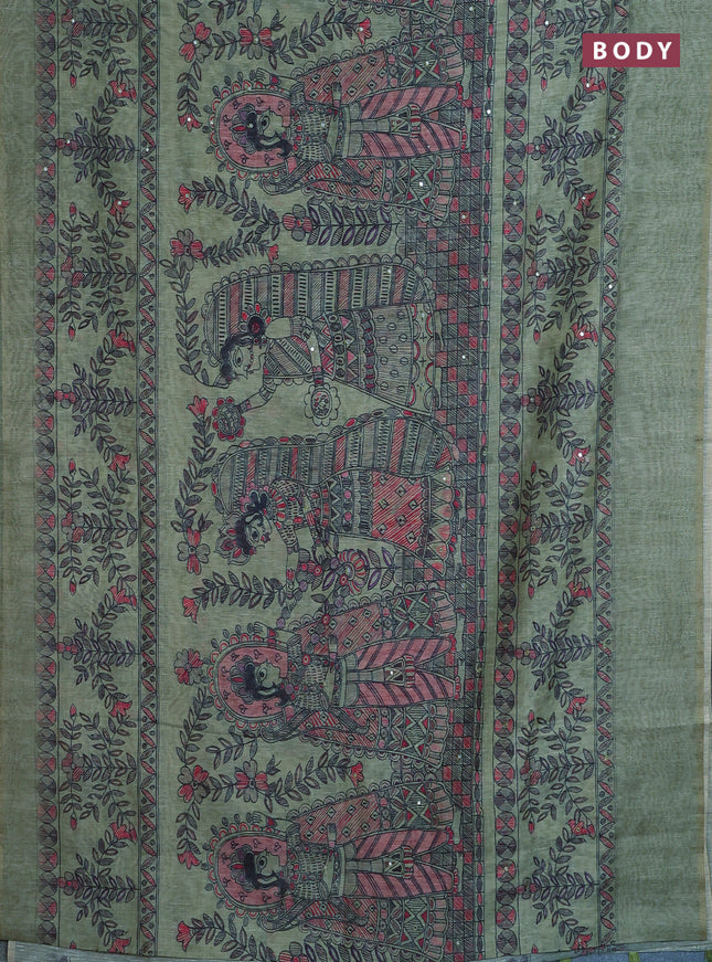 Semi linen saree pastel green with allover madhubani prints & mirror work