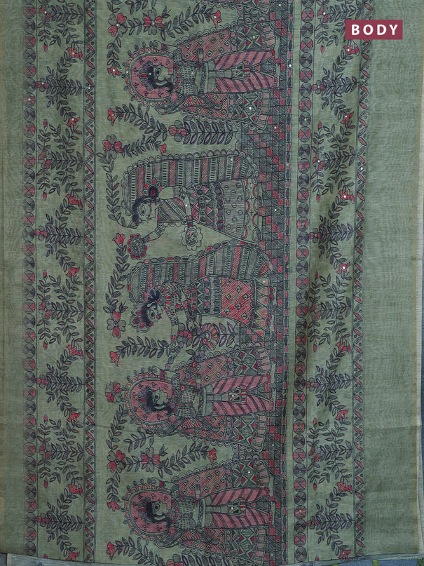 Semi linen saree pastel green with allover madhubani prints & mirror work