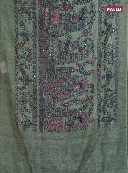 Semi linen saree pastel green with allover madhubani prints & mirror work