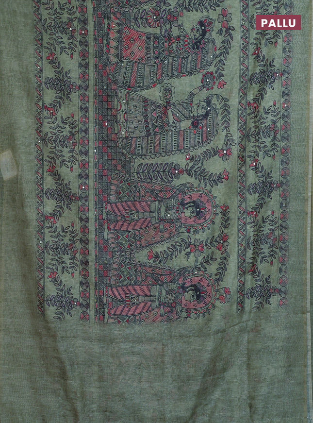 Semi linen saree pastel green with allover madhubani prints & mirror work